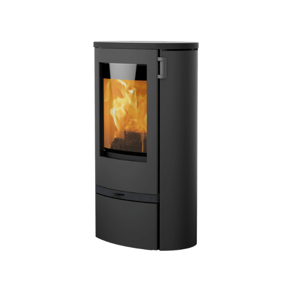 Kamin Lotus Jubilee 25 in schwarz von vorne mit feuer