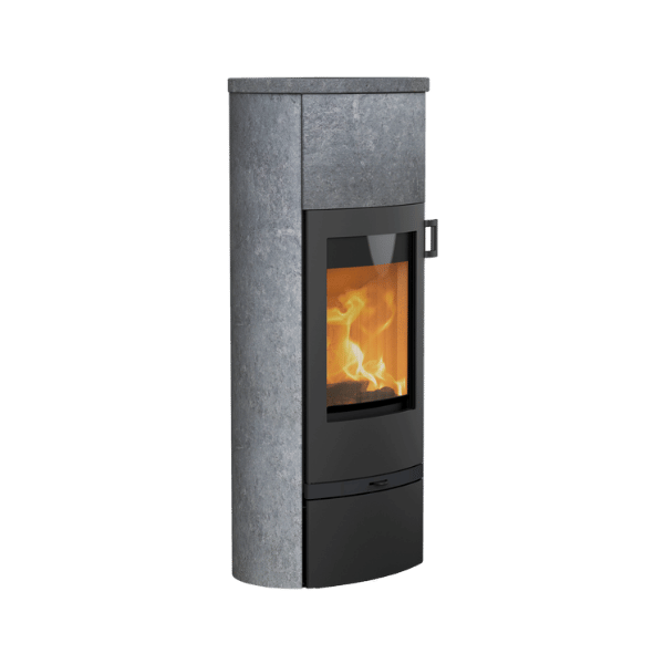 Kamin Lotus Jubilee 25M in Speckstein Sicht von vorne mit Feuer